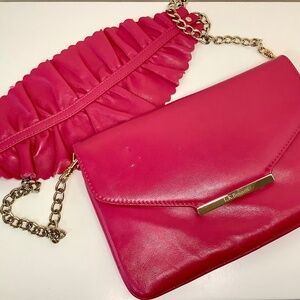 LK Bennett Golden Chain Leather Envelope Mini Ruffle Shoulder Bag Fuchsia Pink